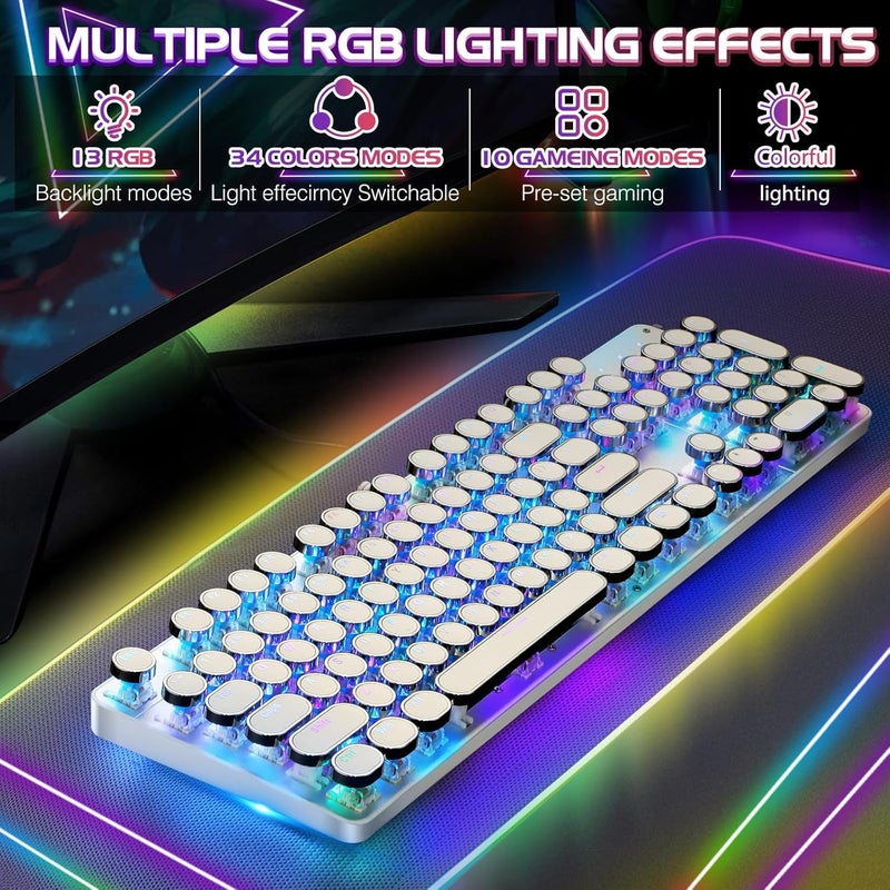YSCP Typewriter Style Mechanical Gaming Keyboard RGB Backlit Wired with Blue Switch Retro Round Keycap 104 Keys Keyboard (White 104 Keys RGB) - Image 3